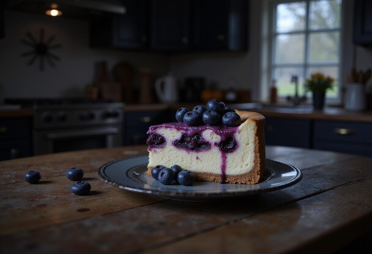 Wednesday Xavier's Visions Blueberry Swirl Cheesecake served in a gothic-style setting as a delicious blueberry cheesecake slice with blueberry swirls.