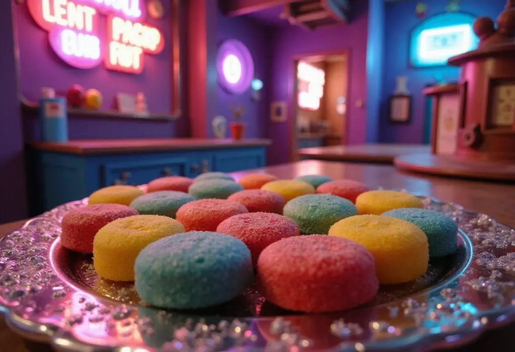 Colorful Everlasting Gobstoppers from Willy Wonka's factory displayed on a candy tray, inspired by Willy Wonka & the Chocolate Factory, in a whimsical factory scene.