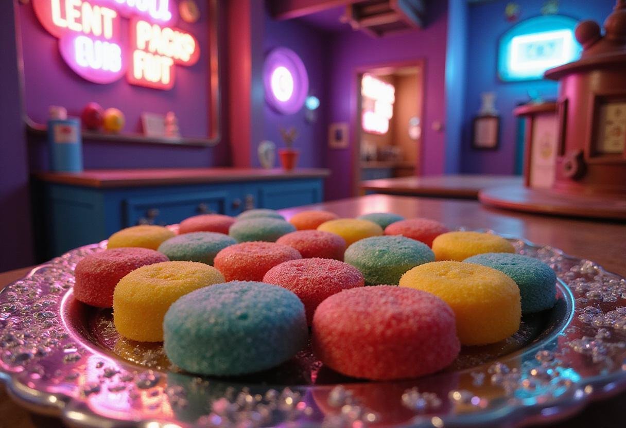 Colorful Everlasting Gobstoppers from Willy Wonka's factory displayed on a candy tray, inspired by Willy Wonka & the Chocolate Factory, in a whimsical factory scene.