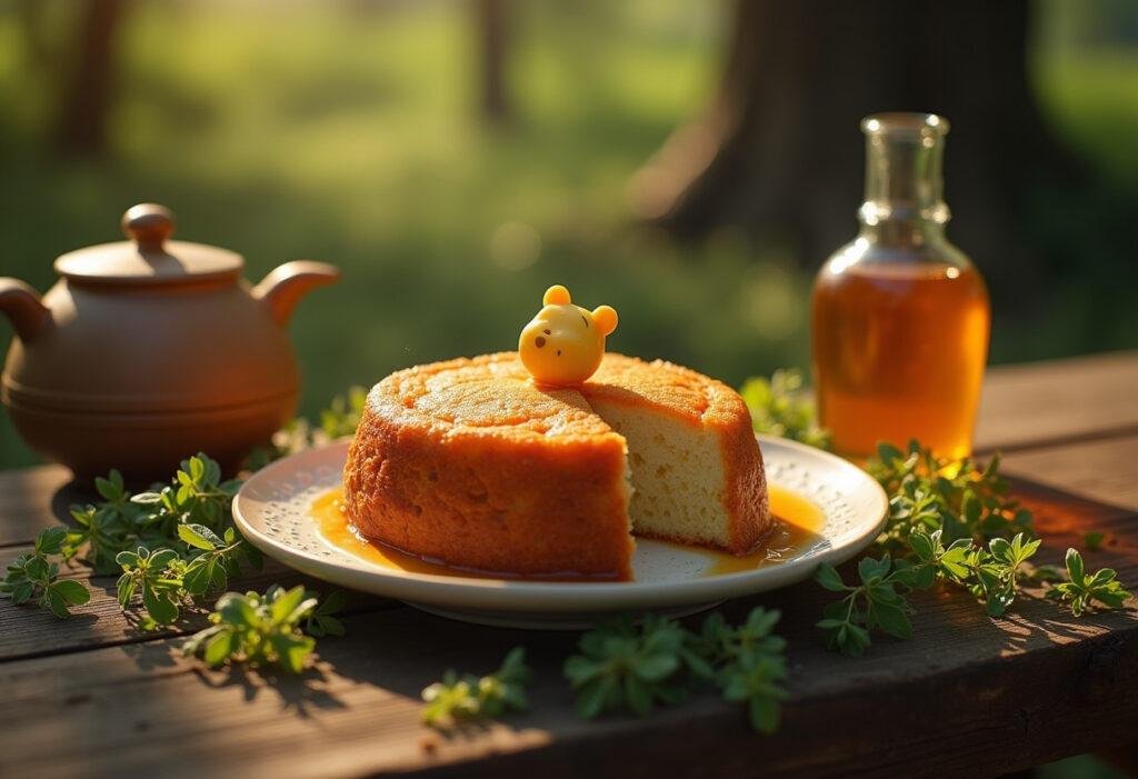 Winnie the Pooh's Hunny Pot Cake in a Hundred Acre Wood setting, displayed on a wooden table with honey and greenery, styled realistically.
