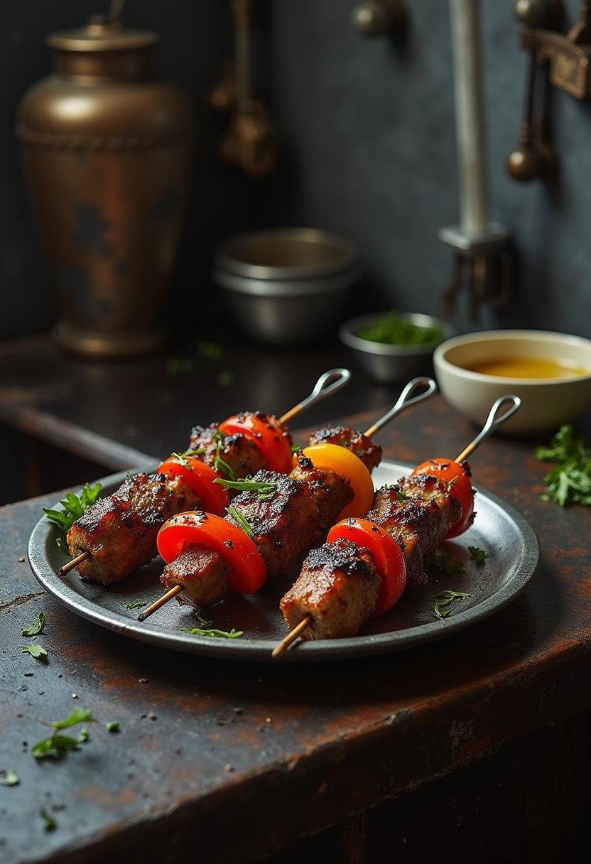 Wolverine Adamantium Claw Skewers plated on a metal tray in an industrial kitchen setting, showcasing rugged, superhero-inspired skewers with charred meat and vibrant vegetables.