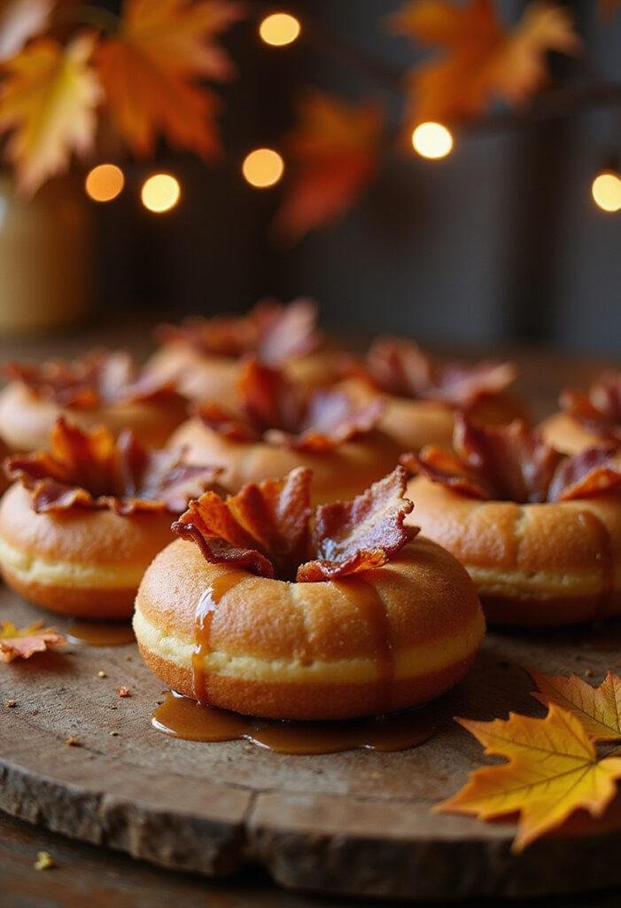 Wolverine Canadian Maple Bacon Donuts on rustic table with bacon and maple glaze, in a Canadian-themed cozy setting
