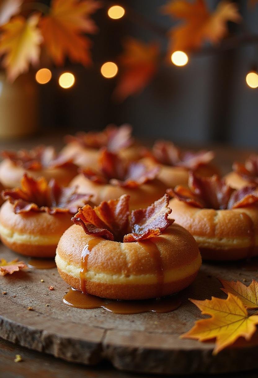 Wolverine Canadian Maple Bacon Donuts on rustic table with bacon and maple glaze, in a Canadian-themed cozy setting