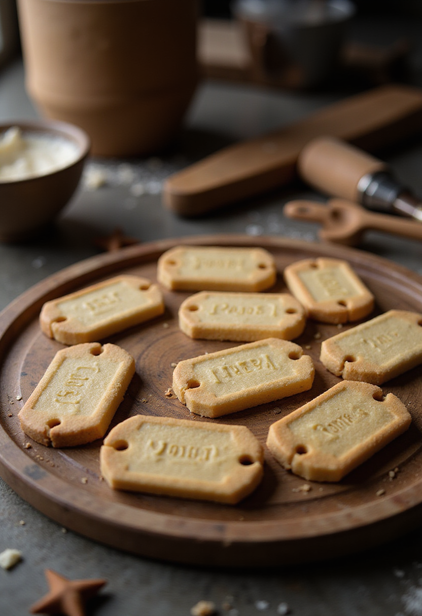 Wolverine Dog Tags Sugar Cookies on a rustic tray in a cozy kitchen setting, showcasing detailed cut-out shapes and inscriptions.