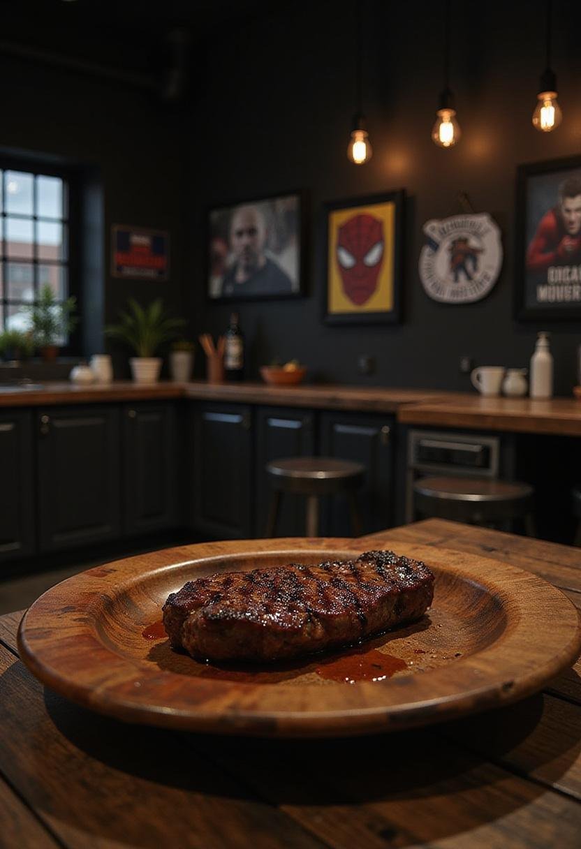 Juicy Wolverine themed steak served on a rustic plate in a Marvel-inspired industrial kitchen scene