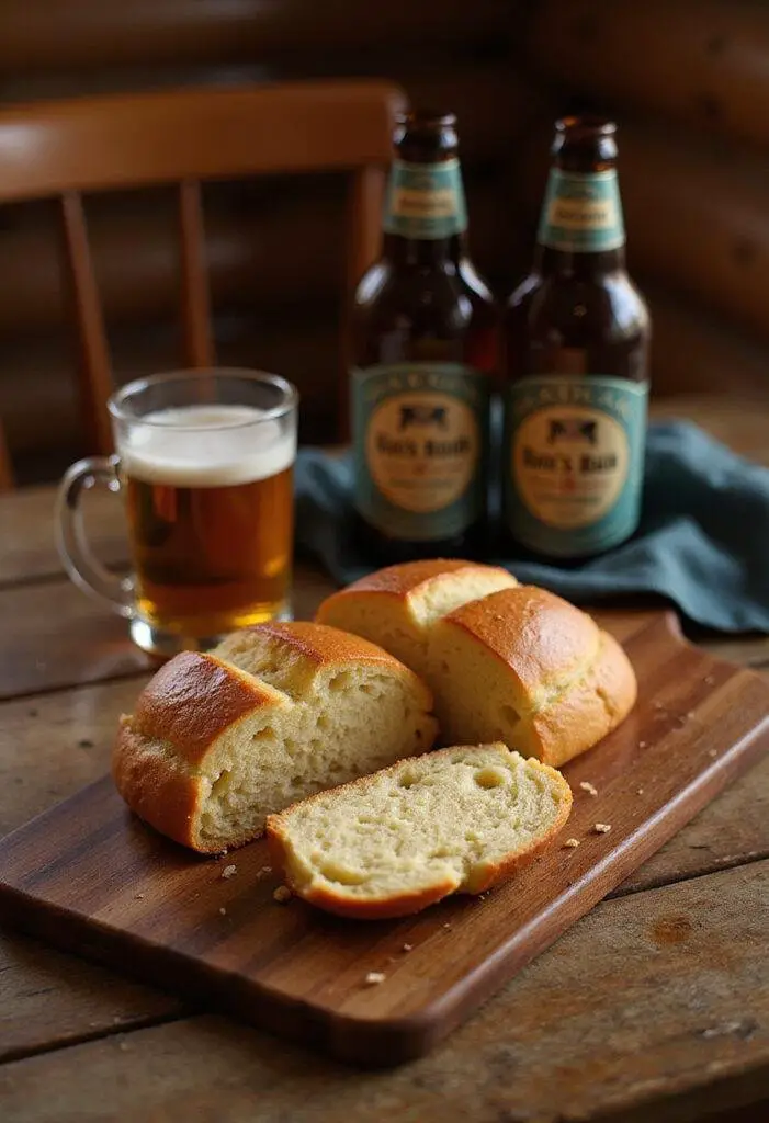 Authentic Wolverine Logan's Bub Beer Bread in a cozy cabin setting with beer bottles and rustic décor, showcasing a hearty freshly baked bread.