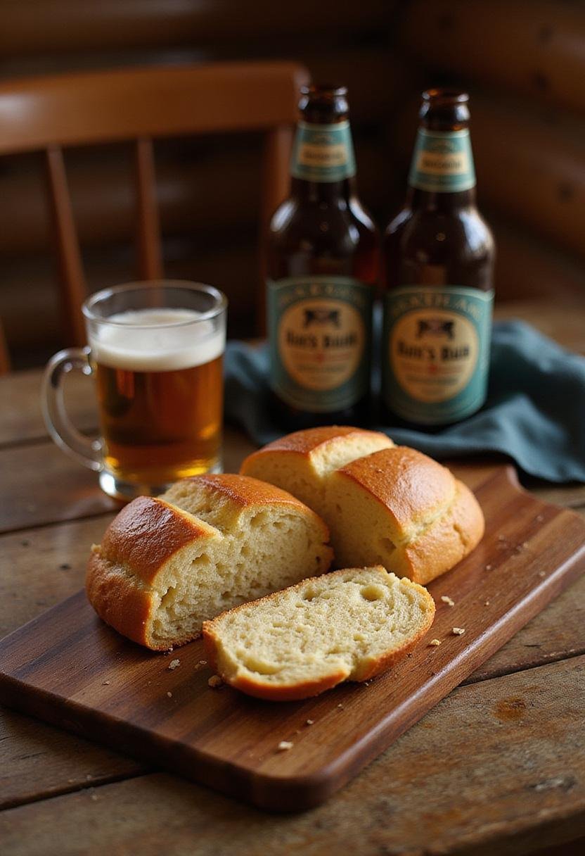 Authentic Wolverine Logan's Bub Beer Bread in a cozy cabin setting with beer bottles and rustic décor, showcasing a hearty freshly baked bread.