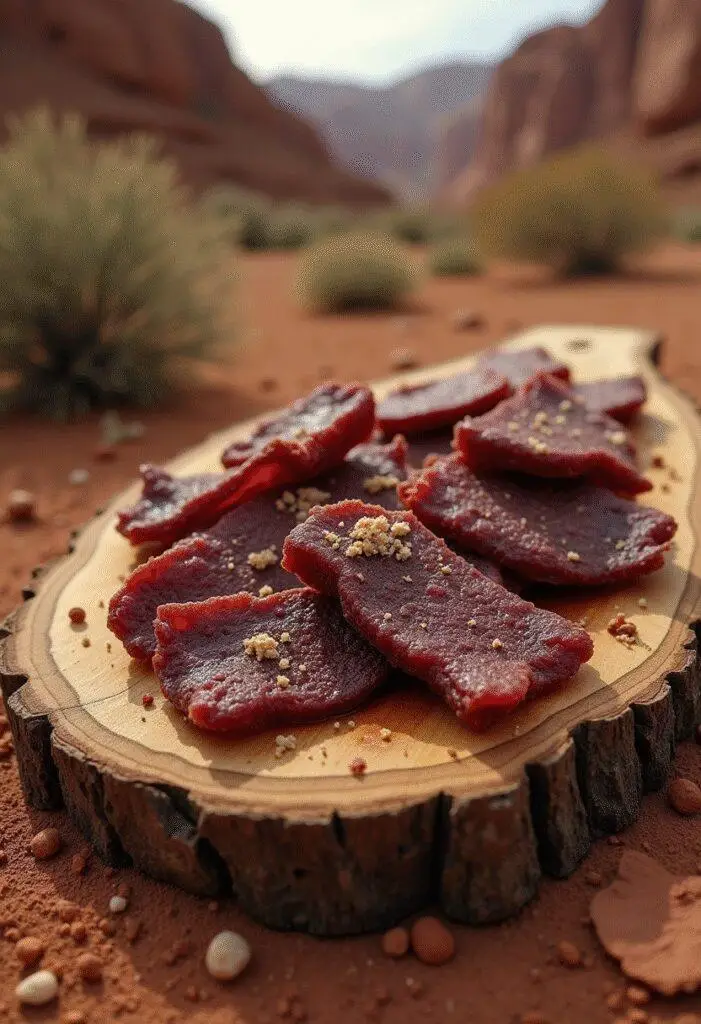 Wolverine Old Man Logan Beef Jerky served on a rustic platter in a desert-inspired setting, showcasing dried seasoned beef slices inspired by the Old Man Logan universe.