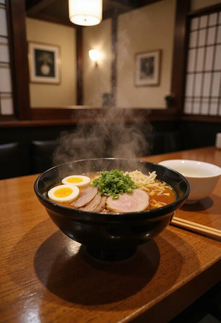 Wolverine Japanese Ramen in a traditional Japanese restaurant with rich broth, chashu, eggs, and green onions.