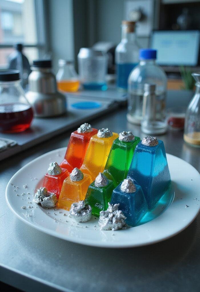 Wolverine Weapon X Experiment Jello in a laboratory setting with vibrant colors and metallic accents, inspired by superhero experiments.