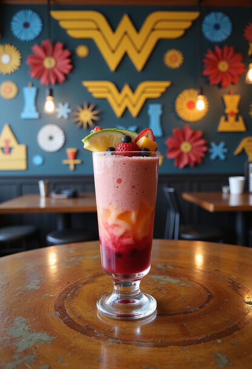 Wonder Woman Amazonian Warrior Smoothie in a glass with berries and tropical fruits, themed setting inspired by Wonder Woman's heroic world.
