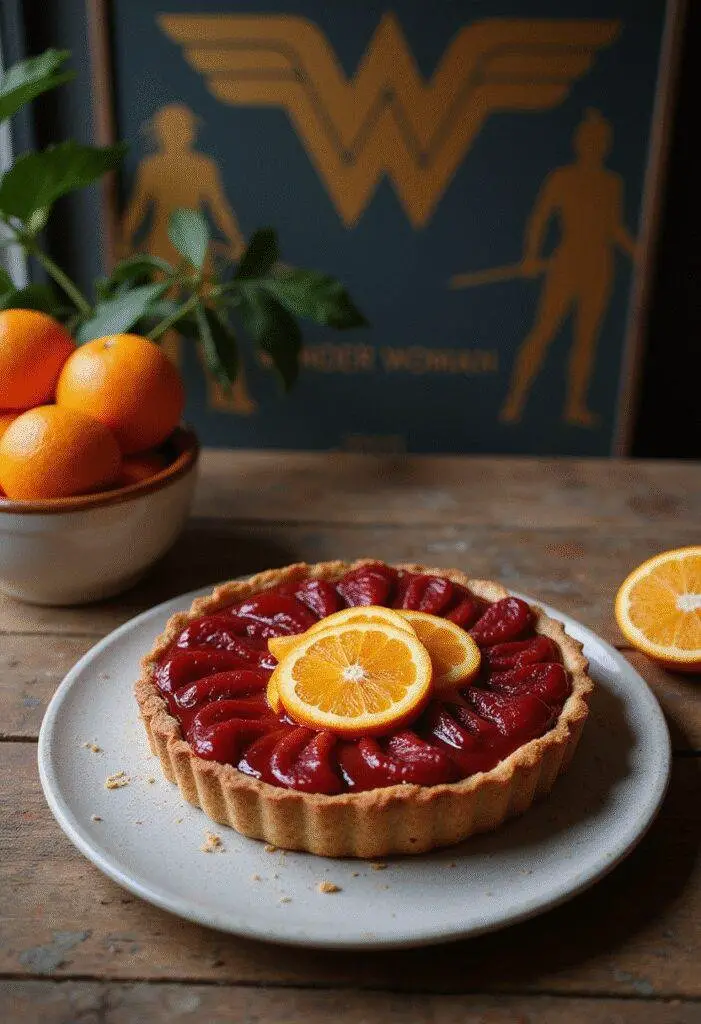 Wonder Woman Ares God of War Blood Orange Tart beautifully plated in a mythological-themed kitchen with vibrant orange slices and glossy finish.