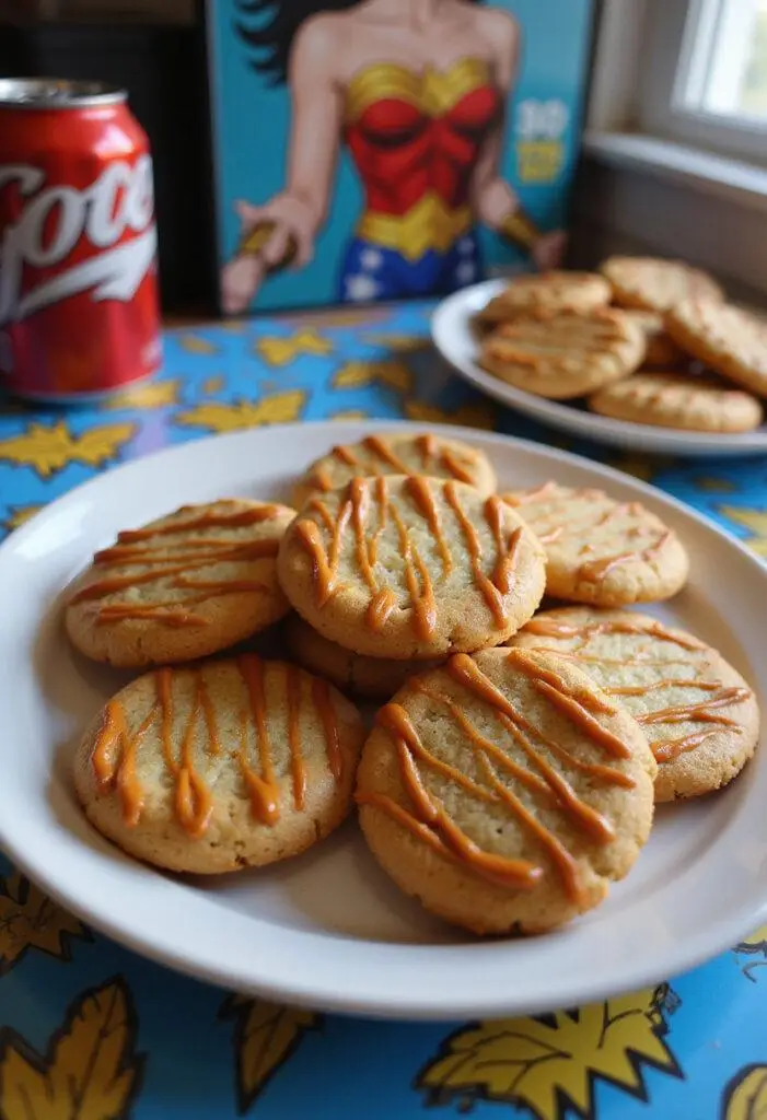 Wonder Woman Cheetah's Claw Cookies plated on a superhero-themed table with decorative icing inspired by the Cheetah character in a vibrant kitchen scene.