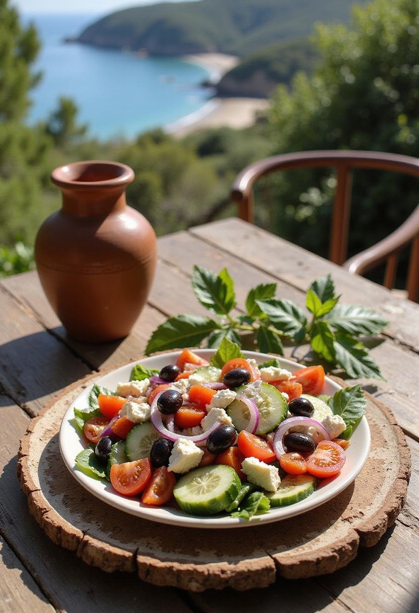 Wonder Woman Diana's Themyscira Greek Salad with fresh vegetables, feta, and olives in a scenic island setting inspired by Themyscira.