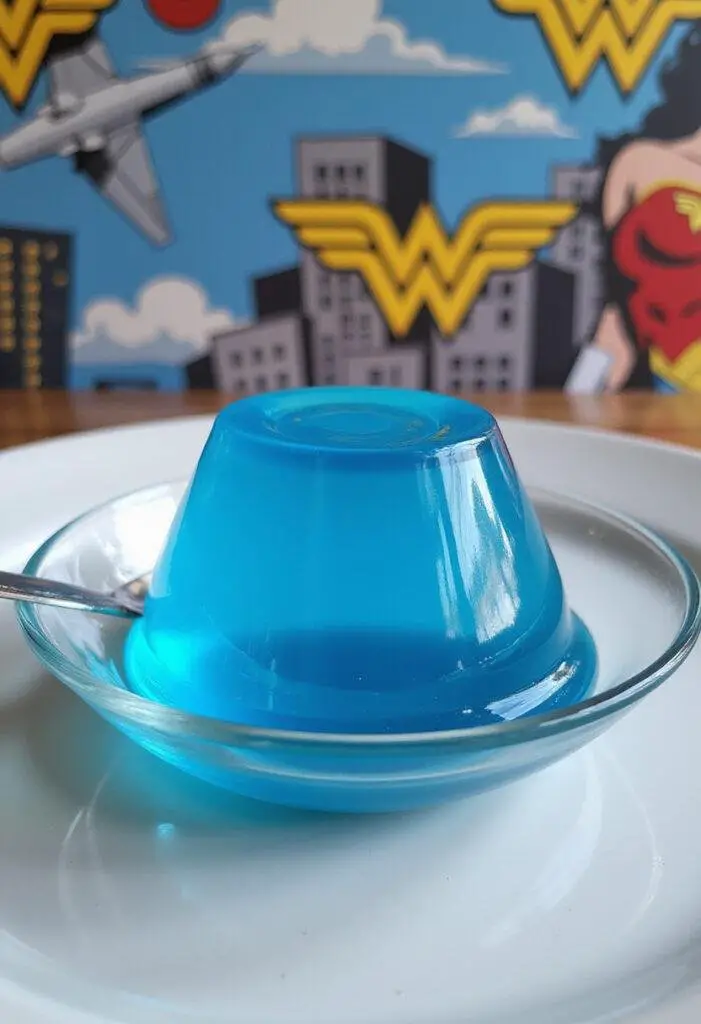 Wonder Woman Invisible Jet Clear Jello served in a glass dish with a comic book Wonder Woman theme.