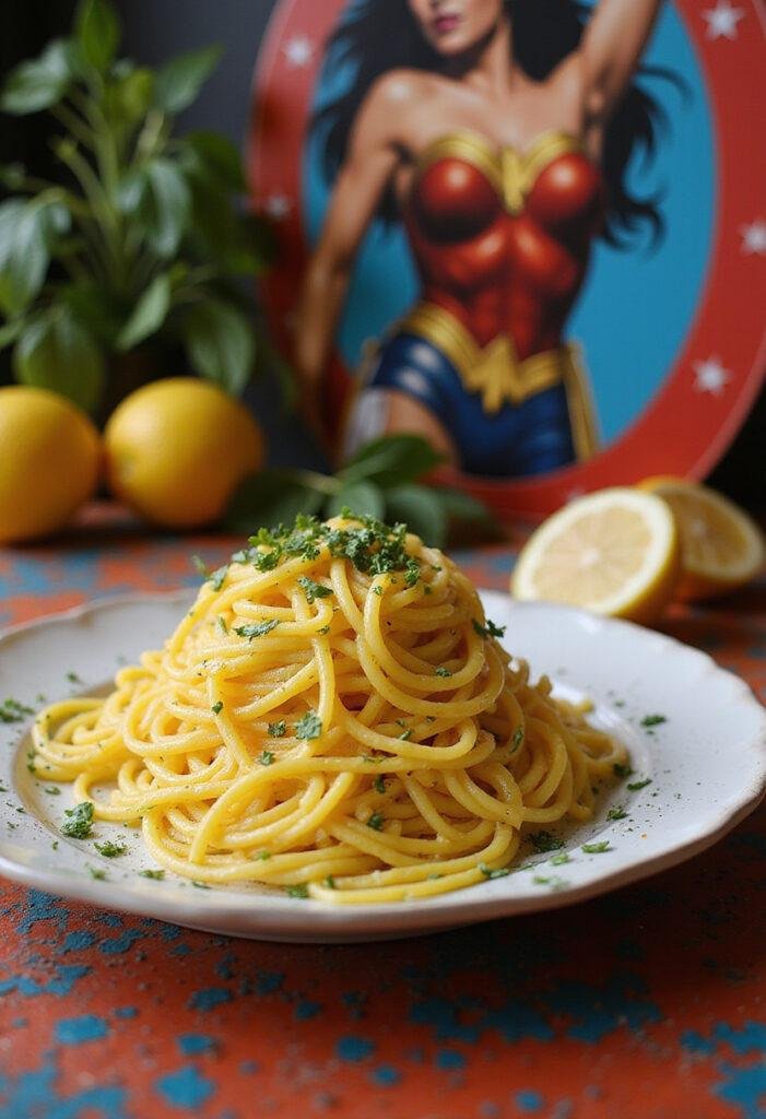 Wonder Woman Lasso of Truth Lemon Spaghetti plated on a superhero-themed table with Wonder Woman symbols and vibrant colors, showcasing bright lemon yellow pasta and fresh herbs.
