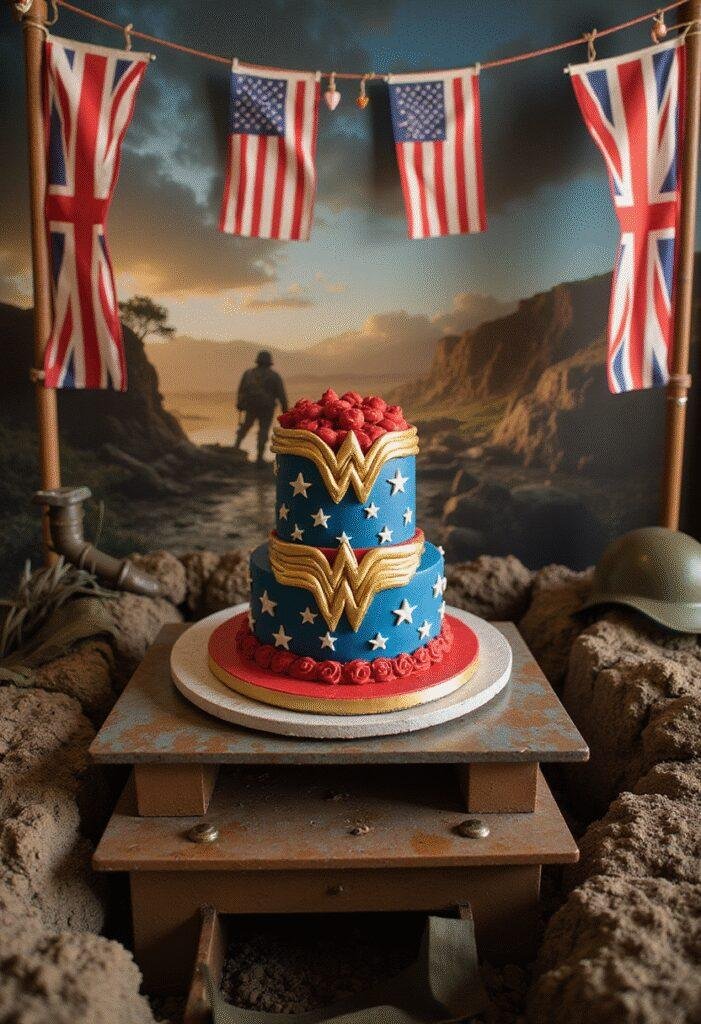 Wonder Woman No Man's Land Trench Cake on military-style table with patriotic decorations, inspired by the movie's theme and setting