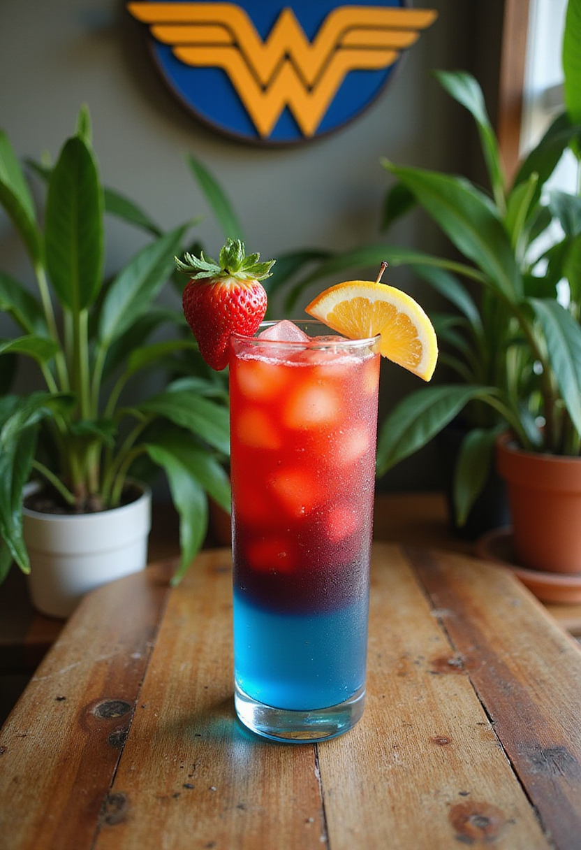 Wonder Woman Paradise Island Punch served in a colorful tropical setting, featuring vibrant hues and fresh fruit garnishes inspired by the superhero's island.