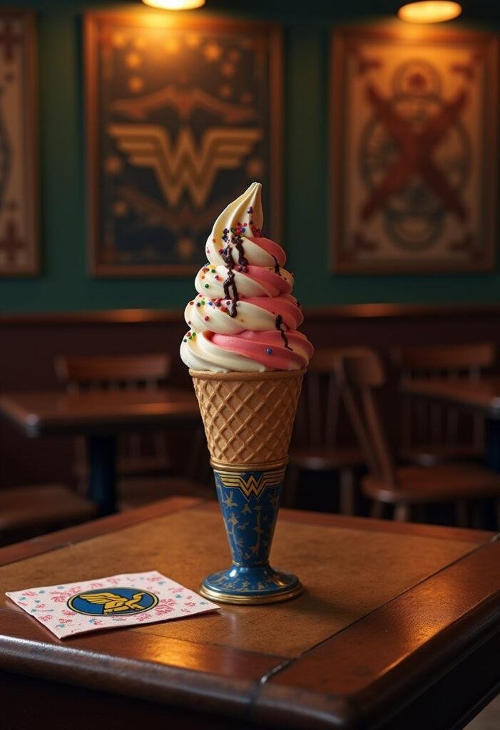 Wonder Woman Steve Trevor's Spy Ice Cream Cone on a vintage table with superhero-themed decor, featuring vanilla and strawberry ice cream with sprinkles.