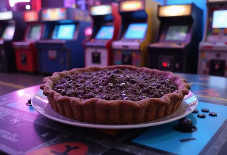 Wreck-It Ralph's Hero's Duty Mud Pie in a playful arcade setting, featuring a rich chocolate crust and textured chocolate filling, inspired by video game battles