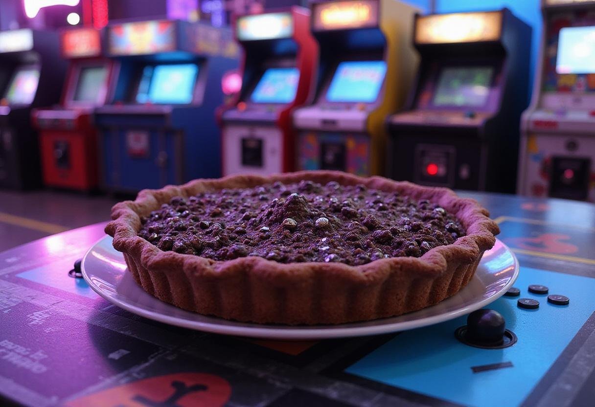 Wreck-It Ralph's Hero's Duty Mud Pie in a playful arcade setting, featuring a rich chocolate crust and textured chocolate filling, inspired by video game battles