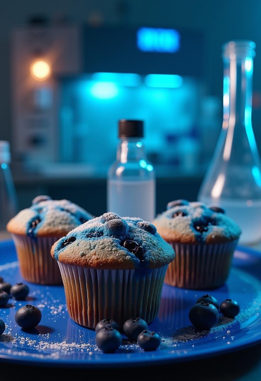 X-Men Beast's Blue Fur Blueberry Muffins on a laboratory counter, showcasing vibrant blue muffins with blueberries in a superhero-themed setting.