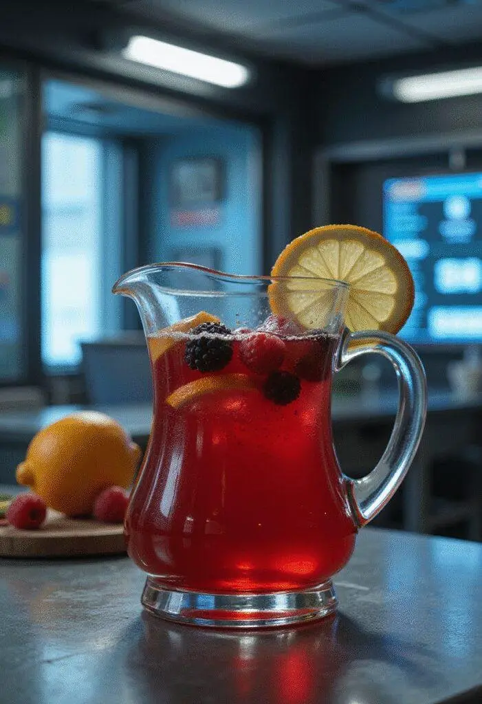X-Men cyclops's optic blast red punch served in a clear pitcher with citrus slices and berries, futuristic lab setting