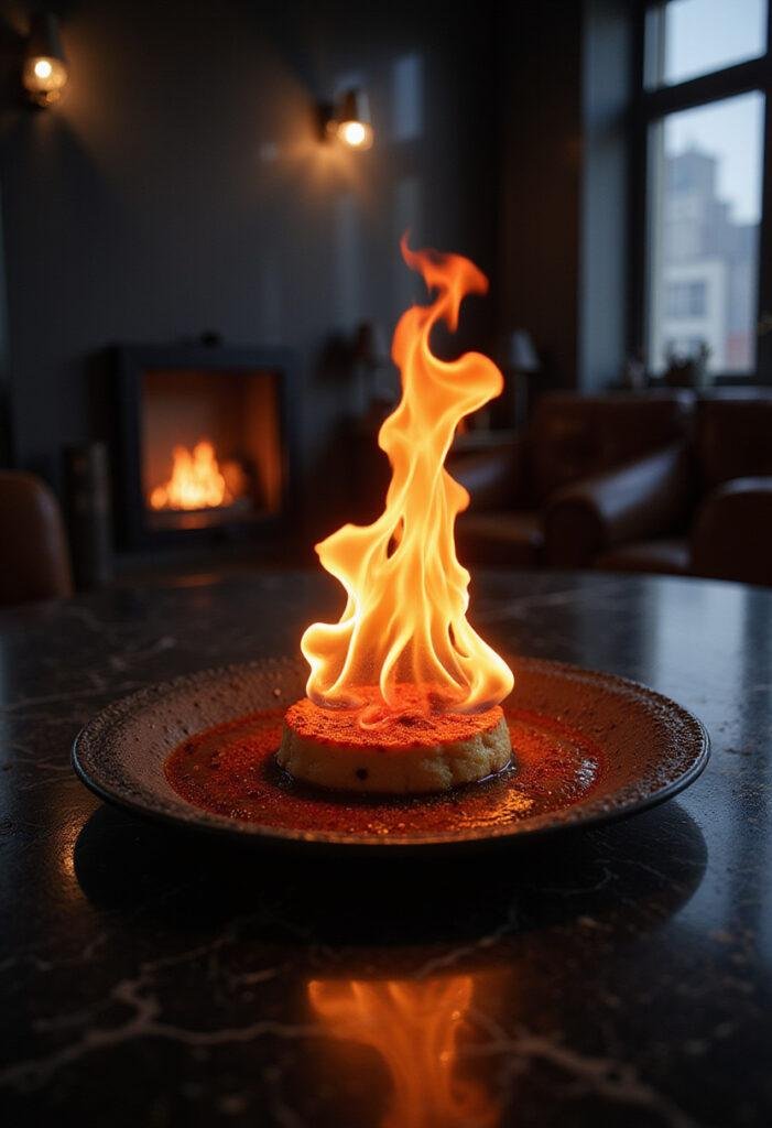 Jean Grey's Phoenix Flambé dessert featuring fiery flames on a sleek plate in a sci-fi themed setting