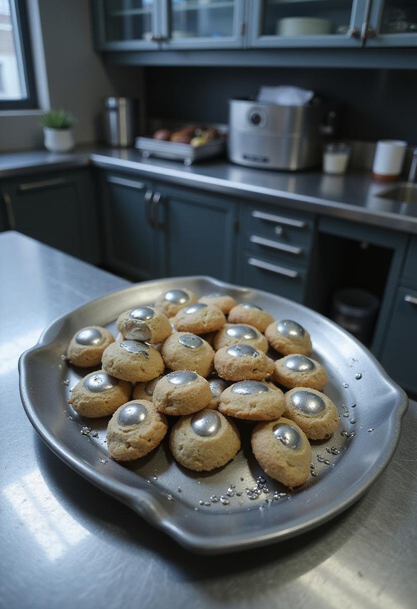Magneto's Magnetic Metal Ball Cookies displayed on a metallic platter in a high-tech X-Men themed laboratory setting, shiny and reflective in appearance.