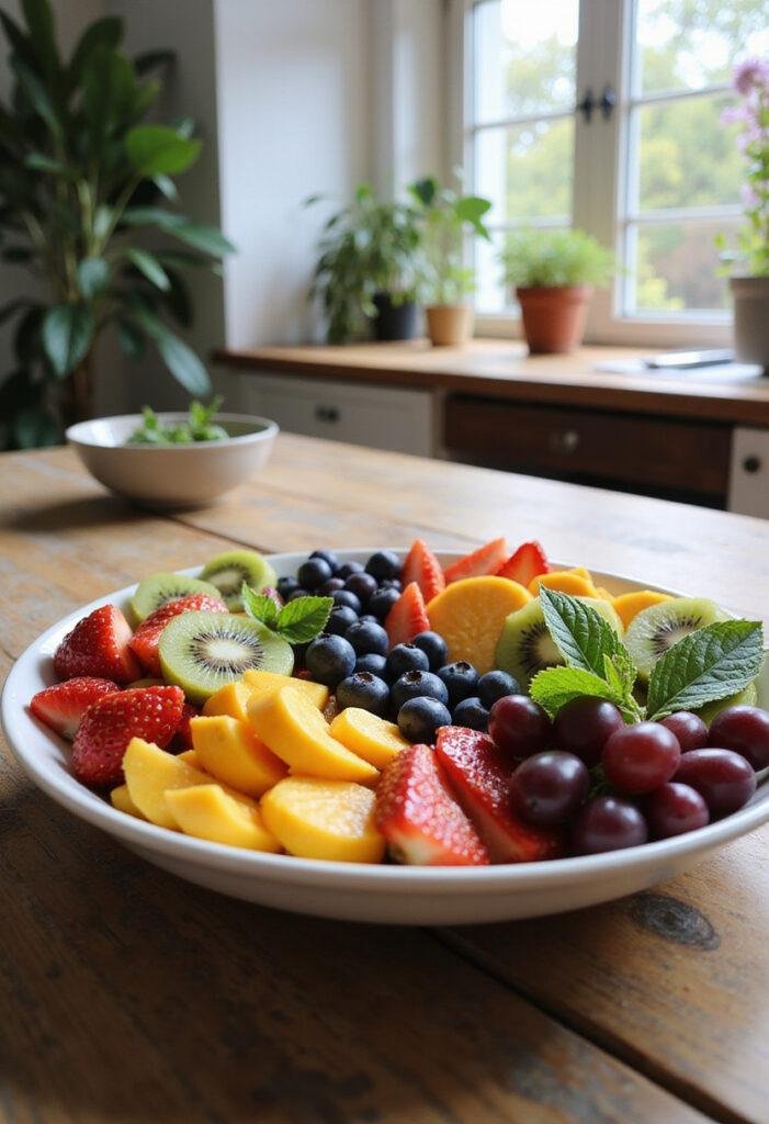 Colorful Rainbow Fruit Salad on rustic table, featuring strawberries, blueberries, kiwi, mango, grapes, and mint, in a cozy kitchen setting
