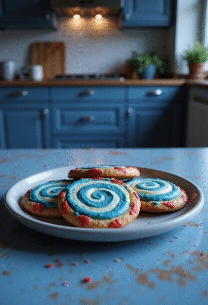 X-Men Mystique's Shape-Shifter Swirl Cookies decorated with blue and red icing in a superhero kitchen setting.