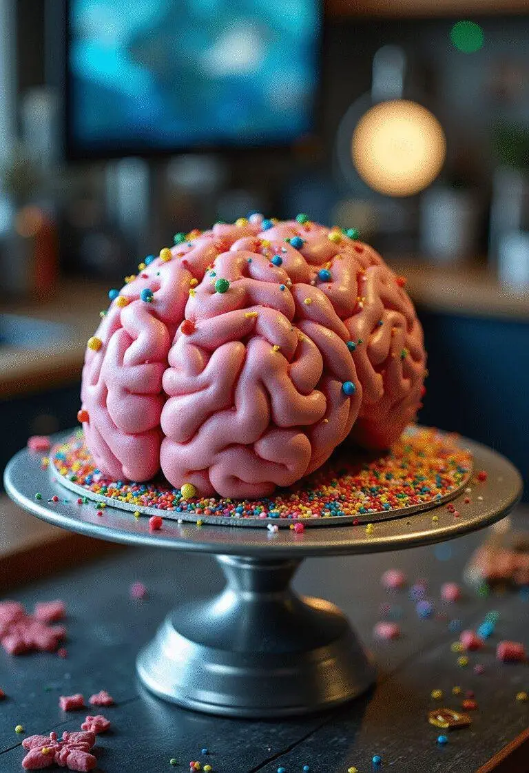 Realistic Cerebro Brain Cake inspired by X-Men, decorated as a brain in a laboratory setting with superhero theme