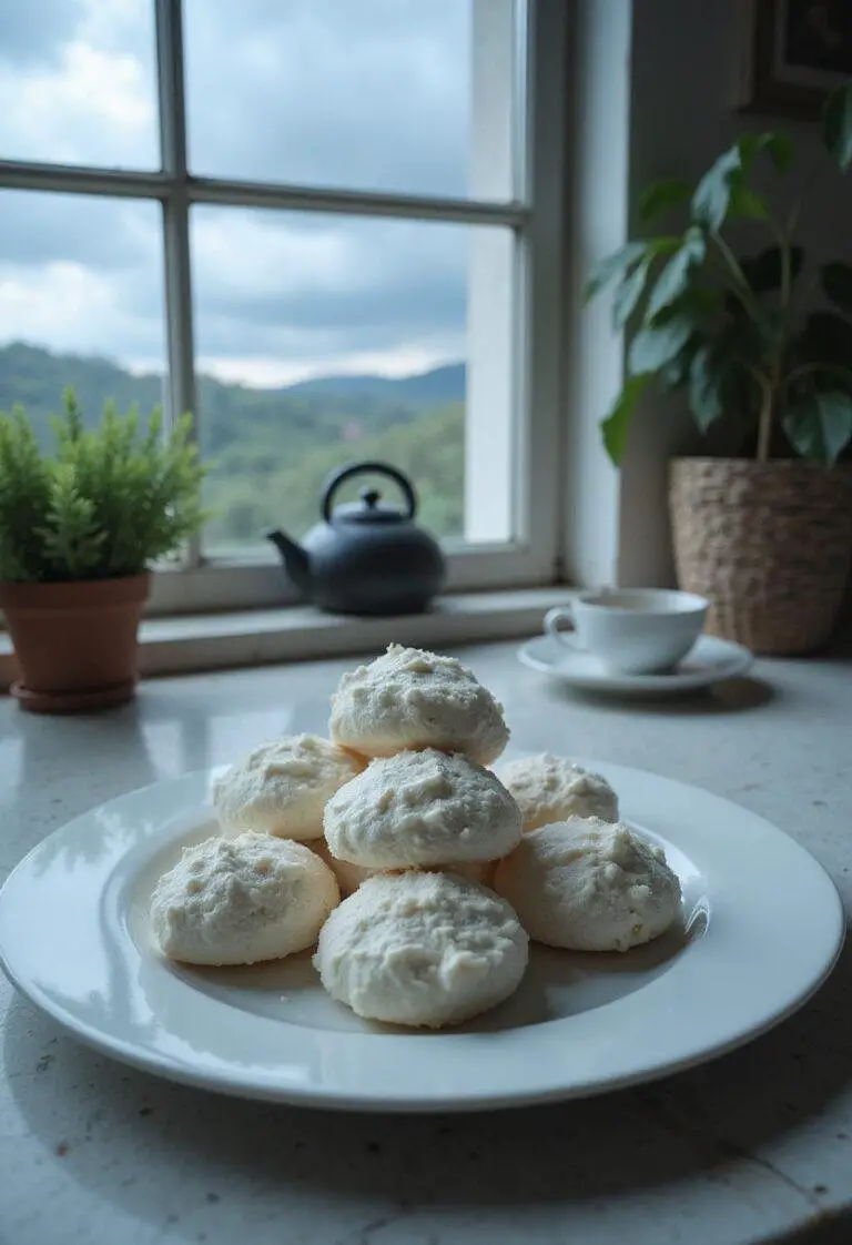 X-Men Storm's weather cloud meringues displayed on a plate in a vintage kitchen with stormy sky in the background