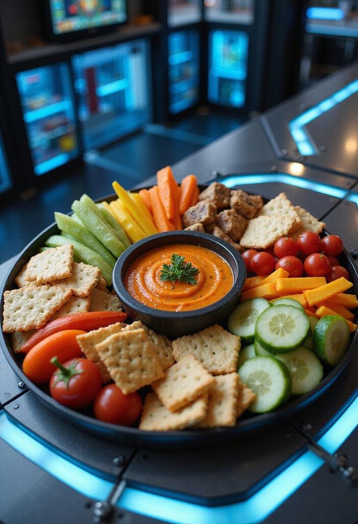 X-Men Danger Room obstacle course snack platter with colorful vegetables and themed dips on a futuristic training table