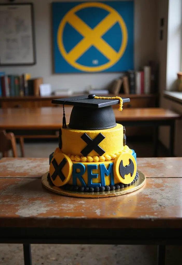 X-Men Xavier's School for Gifted Youngsters Graduation Cake decorated with mutant symbols in a classroom setting
