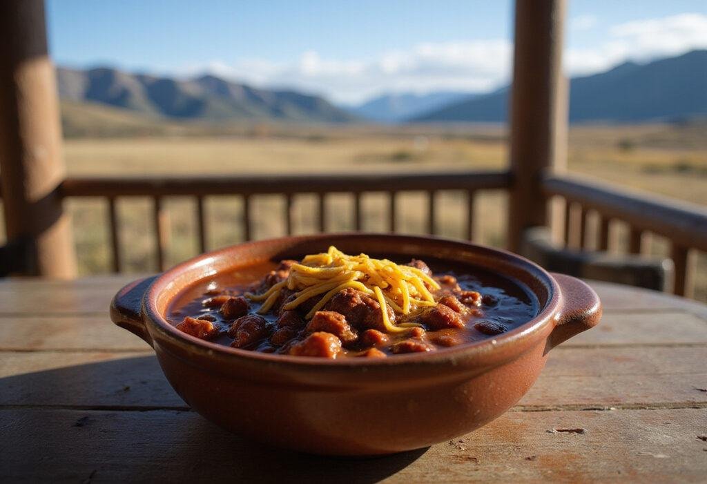 Yellowstone's Dutton Ranch Chili served in a rustic bowl on a wooden table, capturing the authentic ranch flavor and rugged atmosphere.