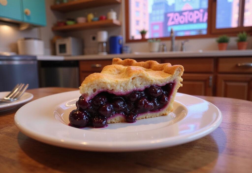 Zootopia's Gideon's Blueberry Pie featuring a golden crust and fresh blueberries, styled in a lively, animated Zootopia-themed kitchen setting.