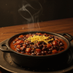 Daredevil’s Blind Justice Black Bean Chili served in a rustic bowl with a dark, intense ambiance, reflecting the gritty world of Daredevil.