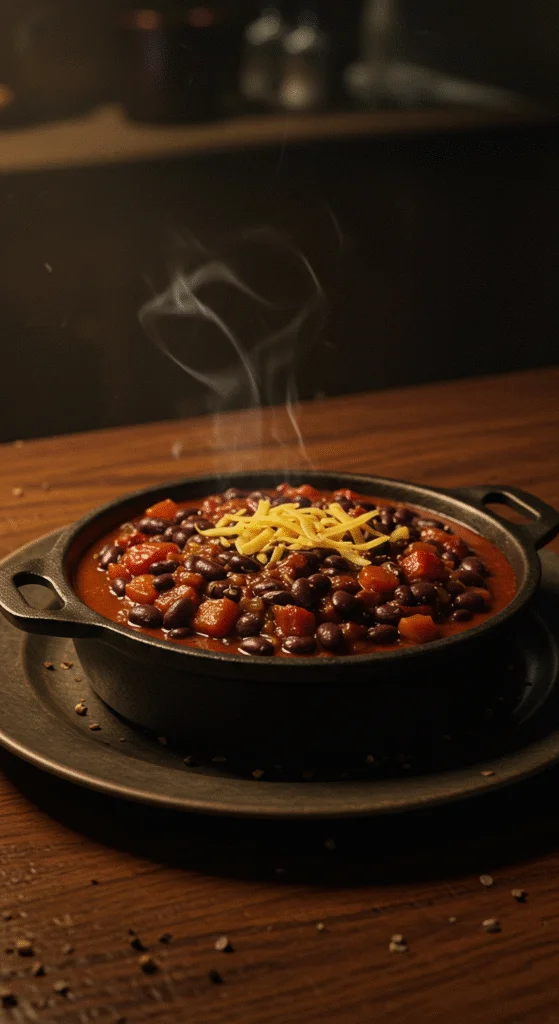 Daredevil’s Blind Justice Black Bean Chili served in a rustic bowl with a dark, intense ambiance, reflecting the gritty world of Daredevil.