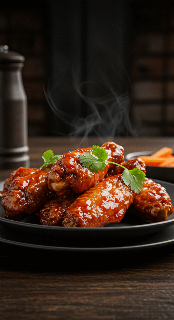 Daredevil’s Hell’s Kitchen Hot Wings served on a rustic table with fiery glaze, inspired by the gritty atmosphere of Hell's Kitchen in Marvel's Daredevil.