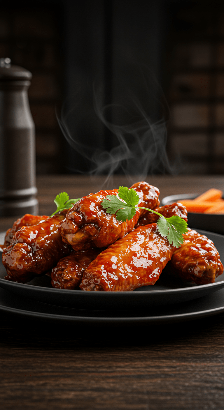 Daredevil’s Hell’s Kitchen Hot Wings served on a rustic table with fiery glaze, inspired by the gritty atmosphere of Hell's Kitchen in Marvel's Daredevil.