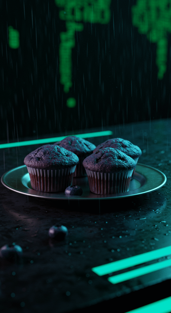 The Matrix Blue Pill Blueberry Muffins arranged on a metallic plate in a dark, futuristic setting with blue glowing accents, inspired by The Matrix.