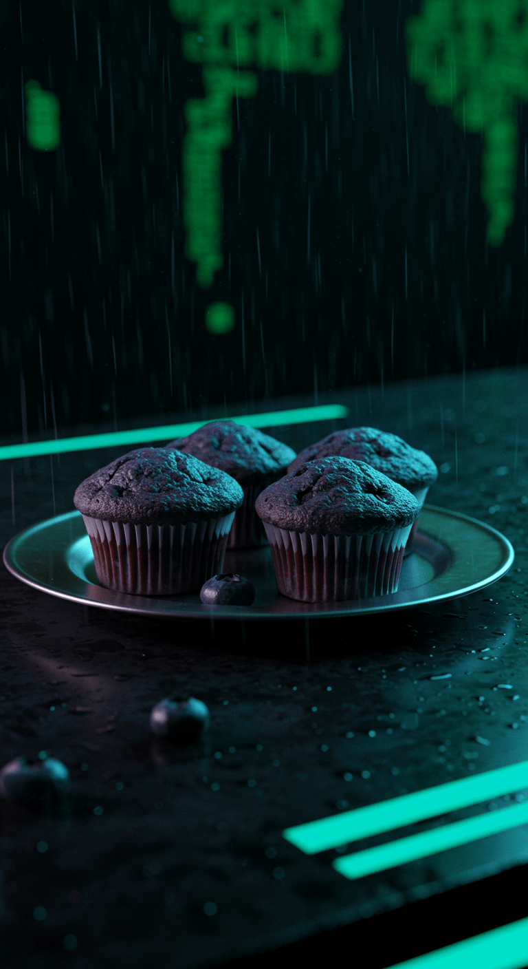 The Matrix Blue Pill Blueberry Muffins arranged on a metallic plate in a dark, futuristic setting with blue glowing accents, inspired by The Matrix.