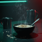 The Matrix Morpheus's Welcome to the Real World Gruel oatmeal served in a futuristic kitchen setting with cyberpunk elements.