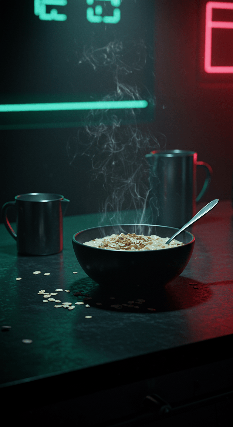The Matrix Morpheus's Welcome to the Real World Gruel oatmeal served in a futuristic kitchen setting with cyberpunk elements.