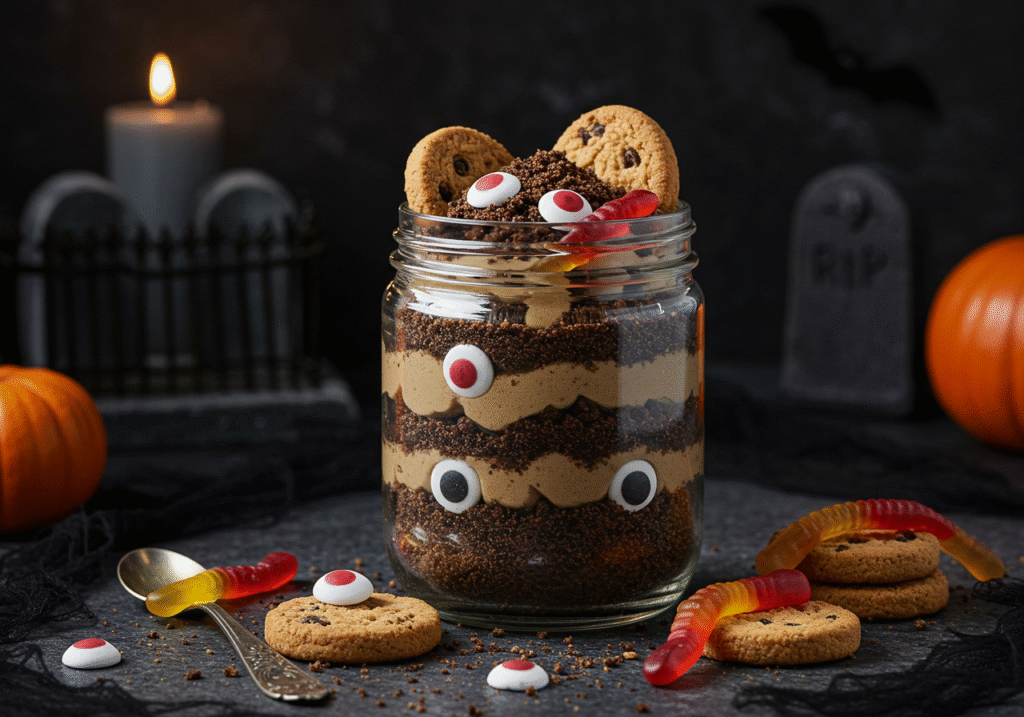 Wednesday Lurch's You Rang? Graveyard Dirt Pudding served in a dark, gothic kitchen with layered cookie crumbs and gummy worms for a spooky effect