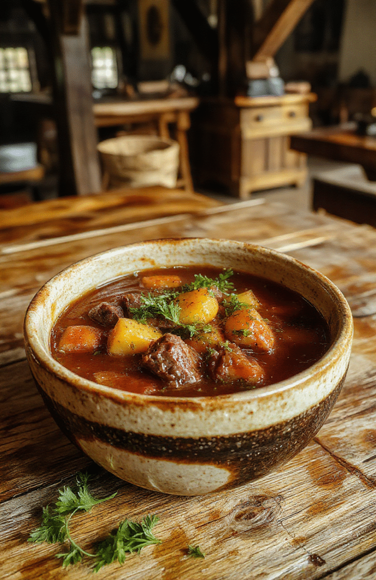 A hearty knight of the seven kingdoms hedge knight stew served in a rustic ceramic bowl, rich dark broth with chunks of tender meat, vibrant root vegetables, sprinkled with fresh herbs, styled on a wooden table with medieval-inspired background elements.
