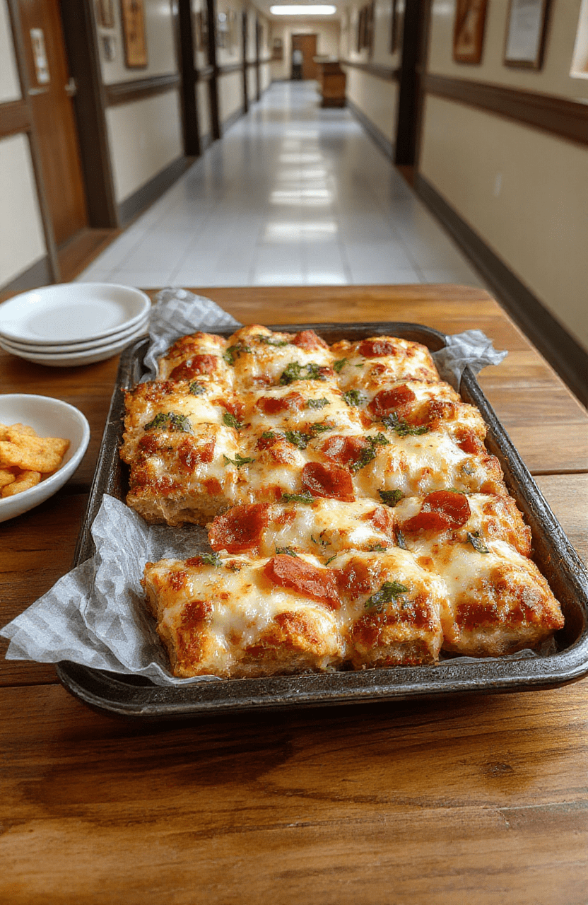 Colorful cafeteria pizza squares on a tray, golden crispy crust with melted cheese, pepperoni and vegetables, arranged neatly in a school lunch setting, styled with striped paper napkins and cafeteria plates