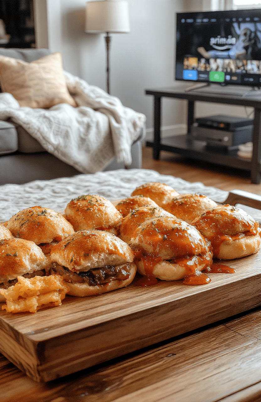 Colorful mini sliders on a wooden platter, topped with melted cheese, pickles, and crispy bacon, set against a dark cinematic backdrop with streaming device nearby, styled casually with vibrant textures and inviting ambiance.