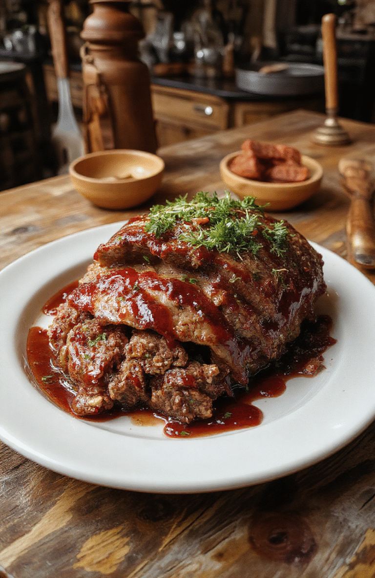 A hearty Bloody Western Meatloaf sliced to reveal a rich, crimson center, plated on rustic wooden tray with smoky BBQ-style glaze, garnished with fresh herbs, surrounded by vintage western-themed props, emphasizing its rugged, bold appearance.